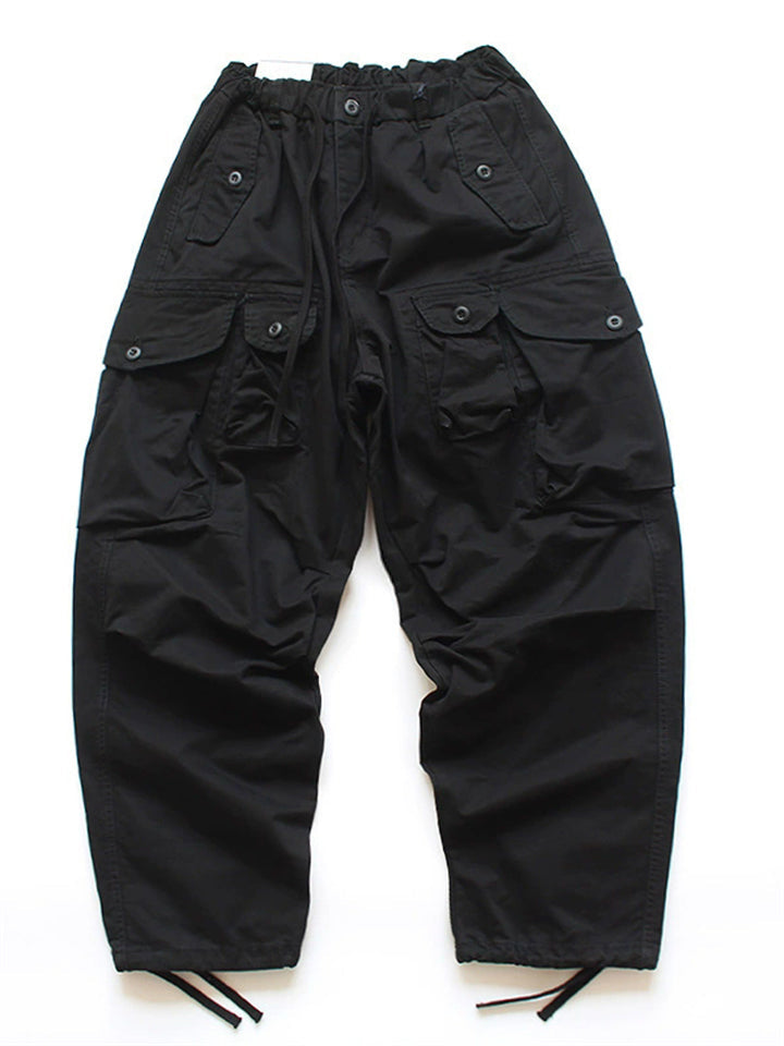 Men's Japanese Style Wide Leg Cotton Cargo Pants with Multiple Pockets