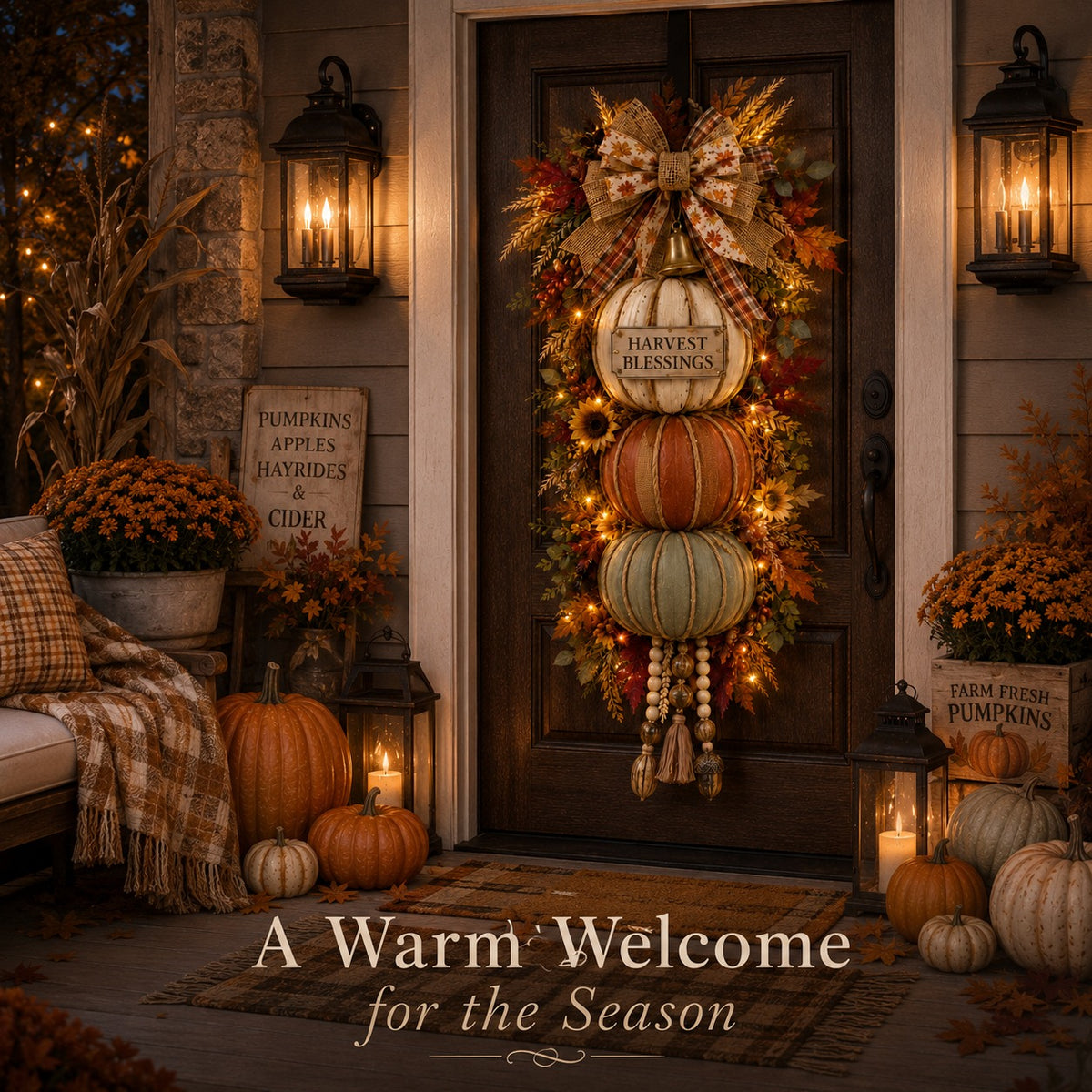 ⏳ Last Day 49% OFF🎃Lighted Stacked Pumpkin Fall Door Decor with 3 Seasonal Plaques🏡