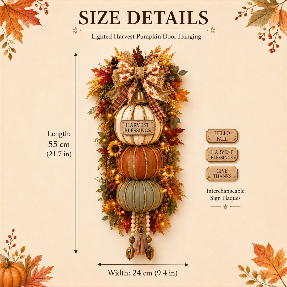 ⏳ Last Day 49% OFF🎃Lighted Stacked Pumpkin Fall Door Decor with 3 Seasonal Plaques🏡