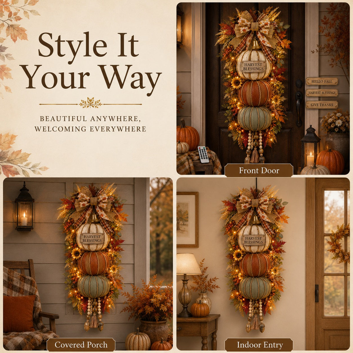 ⏳ Last Day 49% OFF🎃Lighted Stacked Pumpkin Fall Door Decor with 3 Seasonal Plaques🏡