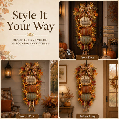 ⏳ Last Day 49% OFF🎃Lighted Stacked Pumpkin Fall Door Decor with 3 Seasonal Plaques🏡