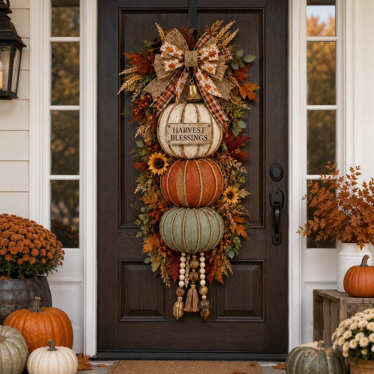⏳ Last Day 49% OFF🎃Lighted Stacked Pumpkin Fall Door Decor with 3 Seasonal Plaques🏡