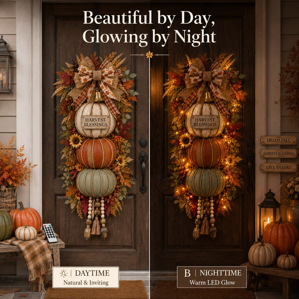 ⏳ Last Day 49% OFF🎃Lighted Stacked Pumpkin Fall Door Decor with 3 Seasonal Plaques🏡