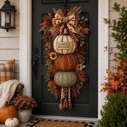⏳ Last Day 49% OFF🎃Lighted Stacked Pumpkin Fall Door Decor with 3 Seasonal Plaques🏡