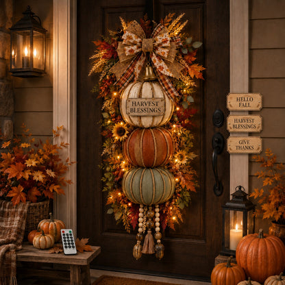 ⏳ Last Day 49% OFF🎃Lighted Stacked Pumpkin Fall Door Decor with 3 Seasonal Plaques🏡