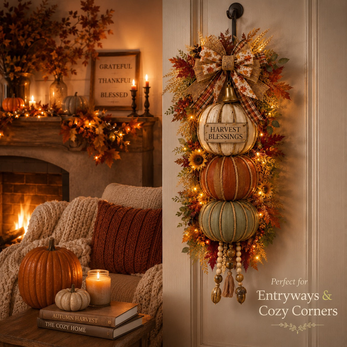 ⏳ Last Day 49% OFF🎃Lighted Stacked Pumpkin Fall Door Decor with 3 Seasonal Plaques🏡