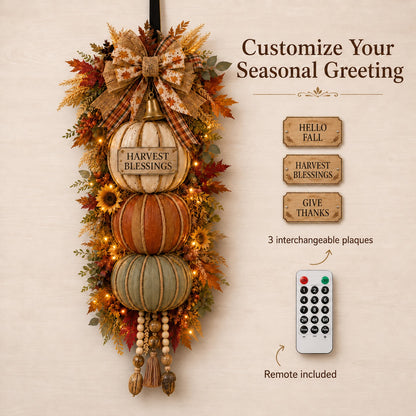 ⏳ Last Day 49% OFF🎃Lighted Stacked Pumpkin Fall Door Decor with 3 Seasonal Plaques🏡