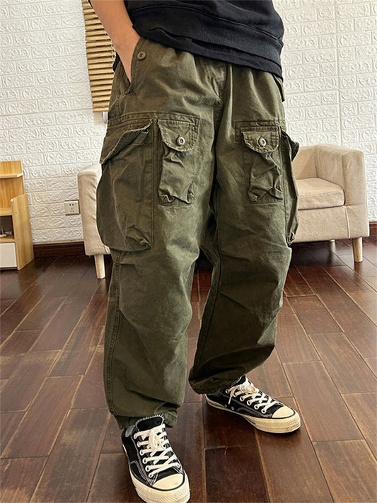 Men's Japanese Style Wide Leg Cotton Cargo Pants with Multiple Pockets