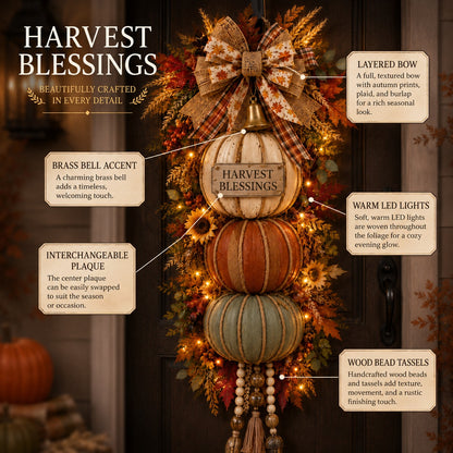 ⏳ Last Day 49% OFF🎃Lighted Stacked Pumpkin Fall Door Decor with 3 Seasonal Plaques🏡